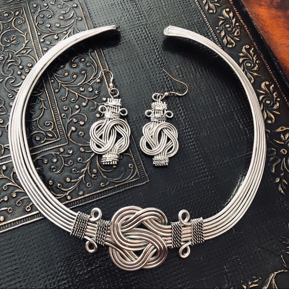 SOLD - Silver-Tone Buddha Knot Set - Necklace, Bracelet, Earrings - Picture 3 of 5